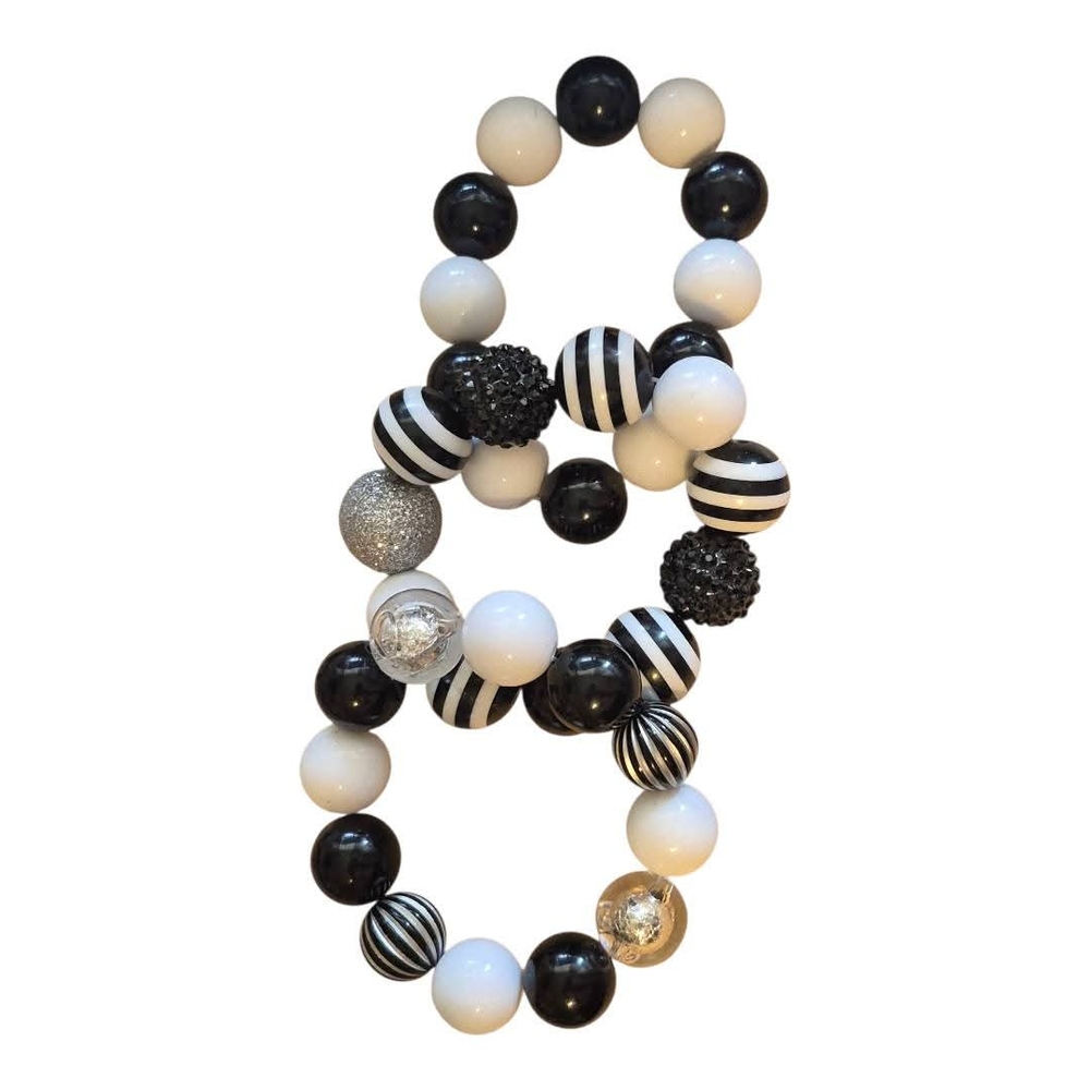 Black and White Beaded Stretch Bracelet Chunky Beads Acrylic Set Of 3